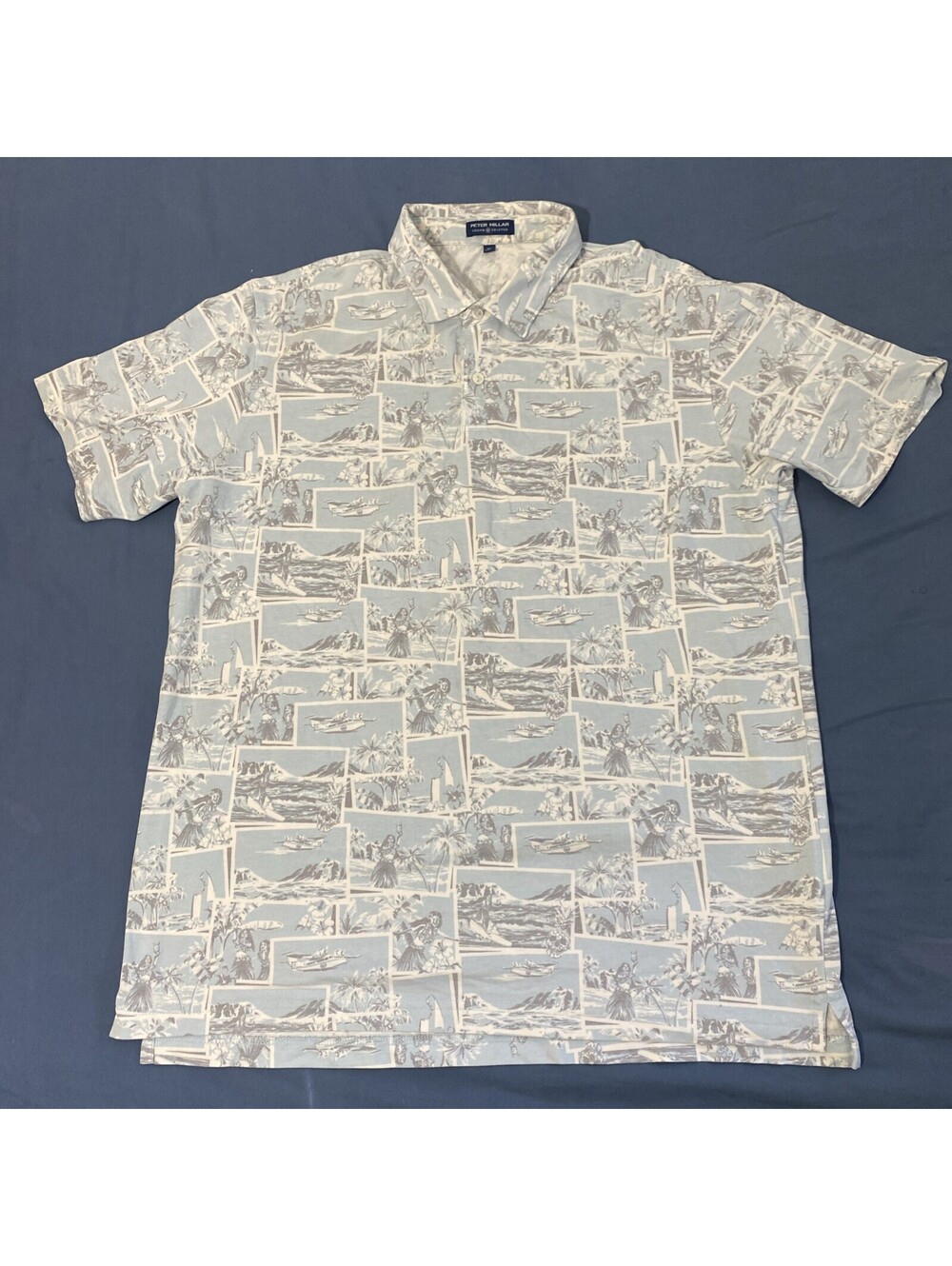 Rare Peter Millar Crown Crafted Golf Polo Shirt Hawaiian Print Mens XL Blue